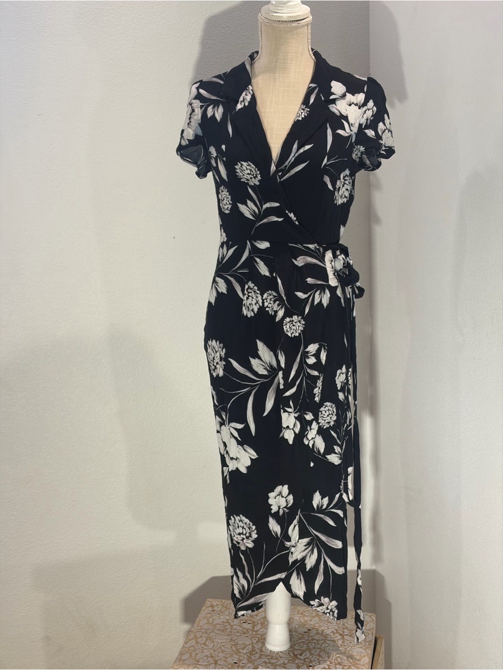 Yumi Kim Black & White Floral Wrap Midi Dress
